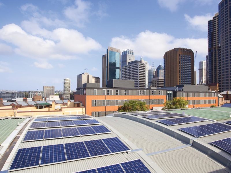 Solar panel array on a city building installation